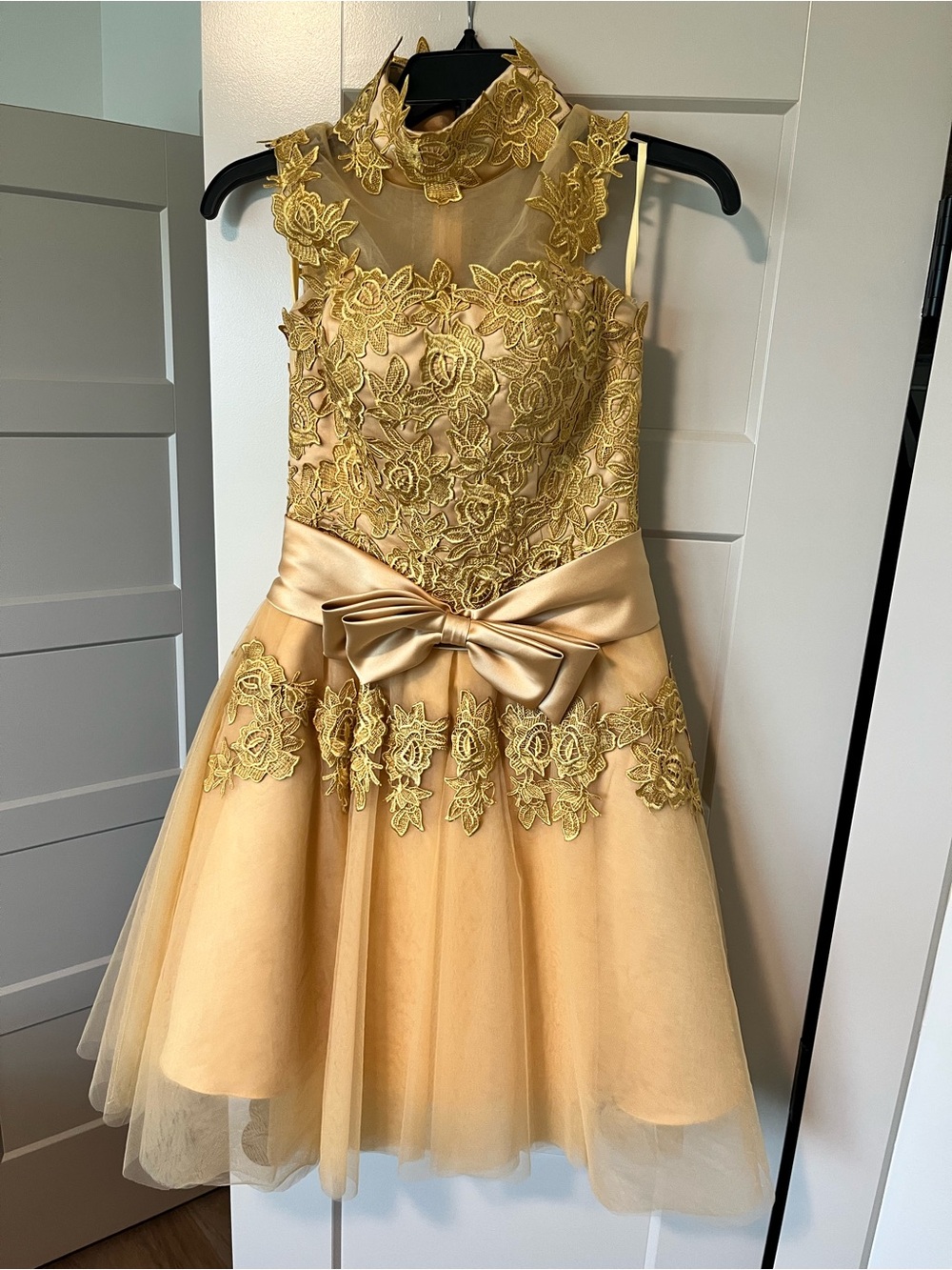 Girls Gold Floral Lace Party Dress with Bow